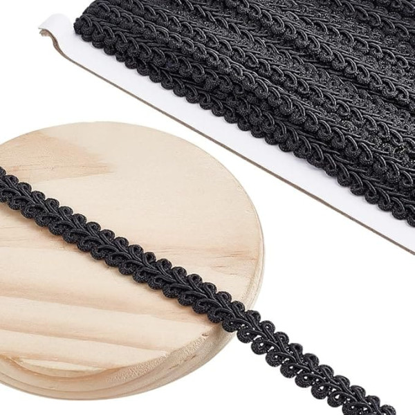 DELORIGIN 13 m Gimp Braid Trim for Sewing 12 mm Gimp Trim Ribbon Decorative Fabric Trim Polyester Fringe Trim Sewing Trim Lace Ribbon Braid Trim for Sewing Crafts Curtains Home Decoration Black