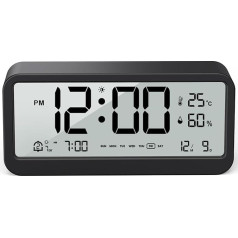 AulToller Digital Alarm Clock with Light, Digital Alarm Clock with Weeks, Date and Two Alarm Times, Temperature Display, Humidity Level Inremental Ringing, Automatic Light Sensitivity (Black)