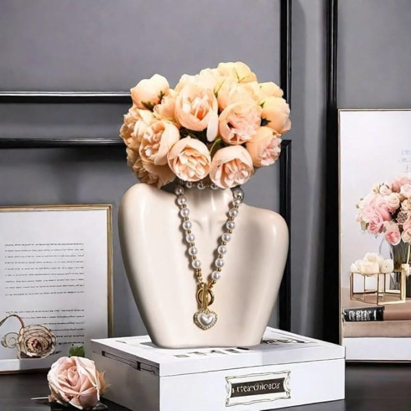 Hosoncovy Ceramic Female Body Vase with Necklace Decor Flower Vase Body Art Vase Human Sculpture Vase Flower Holder for Home Office Table Decoration (White)