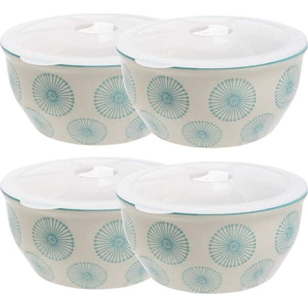 Set of 4 Bowls Art Deco Hand-Stamped Stoneware Silicone Lids Stylish and Practical Food Storage Blue 15 cm