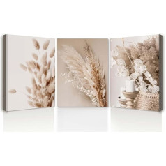 Canvas Pictures Set of 3 - Dried Flowers Wall Pictures Beige 30 x 40 cm with Frame, Modern Art Prints on Canvas for Living Room, Bedroom or Hallway, Wall Pictures Modern with Hooks and without Traces