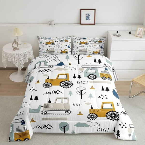 Cartoon Car Kids Bedding Set Construction Bedding Set Decoration Trucks Comforter Cartoon Car Excavator Tractor White Yellow Bedding Set Bedroom Bedding Set 2 Piece Double Bed