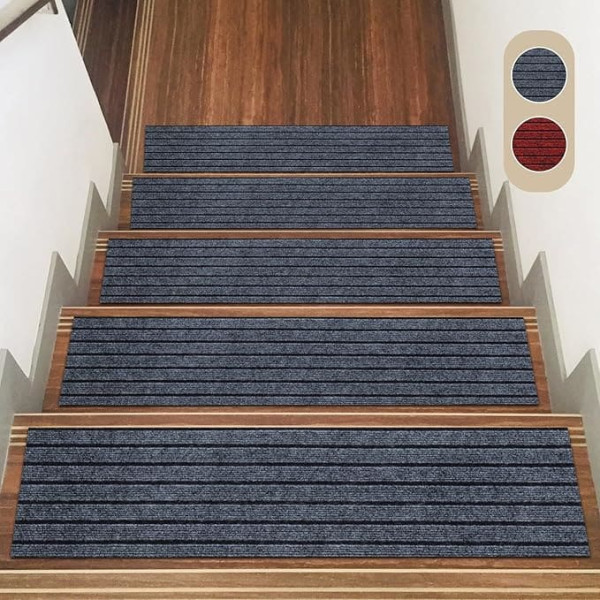 IGTOPS Stair Mats Indoor Non-Slip Pack of 15 22 x 70 cm Polyester Stair Rug with Self-Adhesive TPE Back, Stair Rug for Children, Elders and Pets (Grey with Black Stripes)