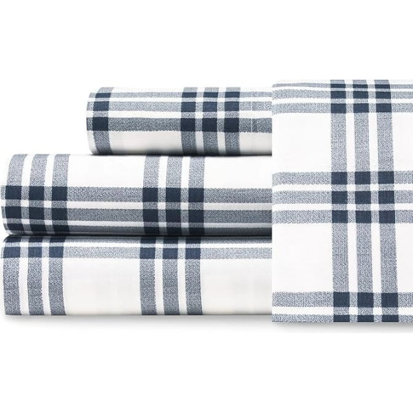 Eddie Bauer - Double Bed Duvet Cover Set XL Cotton Percale Crisp and Cool Home Decoration (Navy Blue Check, Twin XL)