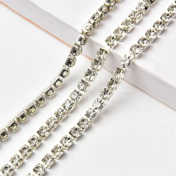 Niiyyjj 5 Meters 2-6mm Glass Rhinestone Sew On Rhinestone Chain for Clothing Bridal Dress Decoration Silver SS6 2mm 5 Meters