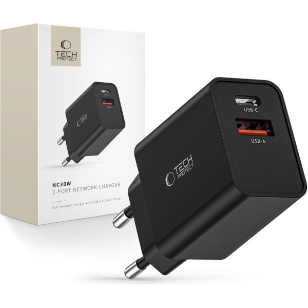 Tech-Protect NC30W USB-C USB-A 30W tīkla lādētājs - melns