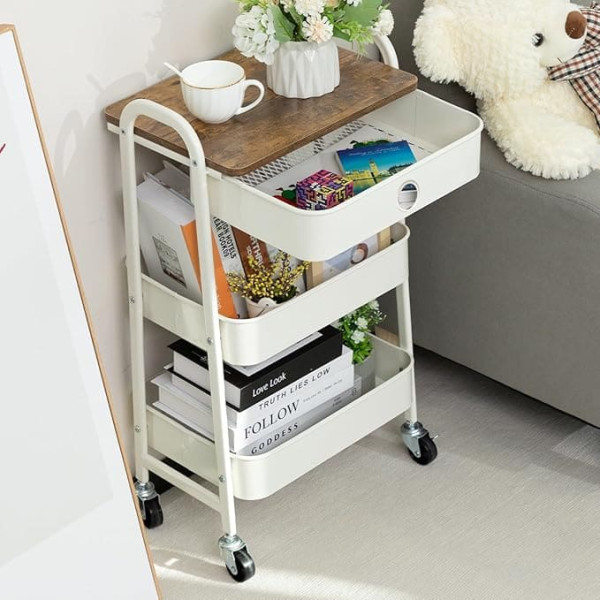 DOEWORKS Serving Trolley with Wheels, Metal 3 Tier Kitchen Trolley with Drawer, Craft Trolley, Kitchen Storage Trolley for Living Room, Bedroom, Bathroom, Office, White