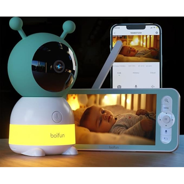 BOIFUN Baby Monitor with Camera 2K/3MP, Intelligent Night Light, 5 Inch WiFi Video Baby Monitor PTZ 360°, 4 x Zoom, Motion Tracking, IR Night Vision, Crying/Motion/Noise Detection, Temperature