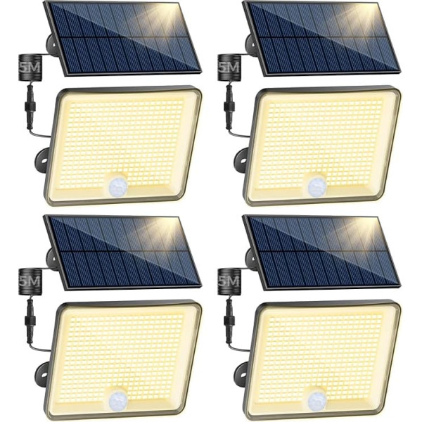 Peasur Pack of 4 3000 K Solar Lights for Outdoor Use with Motion Sensor, 348 LED Solar Spotlight Outdoor, IP65 Waterproof Solar Lights, 3 Modes Solar Lamp Garden with 5 m Cable