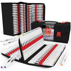 Arteza EverBlend graffiti markers, 120 colourful twin tip markers and 1 blender marker, fine tip and chisel tip, alcohol-based twin markers, marker set in handy carry case