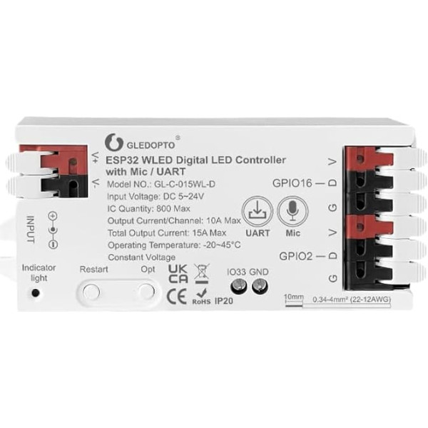 GLEDOPTO ESP32 WLED Strip Controller Mic UART Download Music Sound Dynamic Mode RGB IC DIY WiFi App Control Easy Wiring for WS2811 WS2812 SK6812 TM1814 WS2813 WS2815 FCOB Addressable