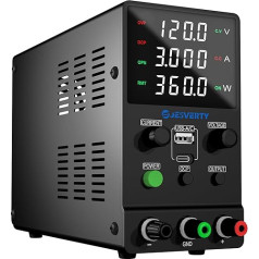 Laboratory Power Supply, Jesverty Laboratory Power Supply DC Adjustable Power Supply (120V, 3A) with USB and Type-C Fast Charge, Encoder Button, Output On/Off Switch, 4-Digit LED Display - SPS-12003M