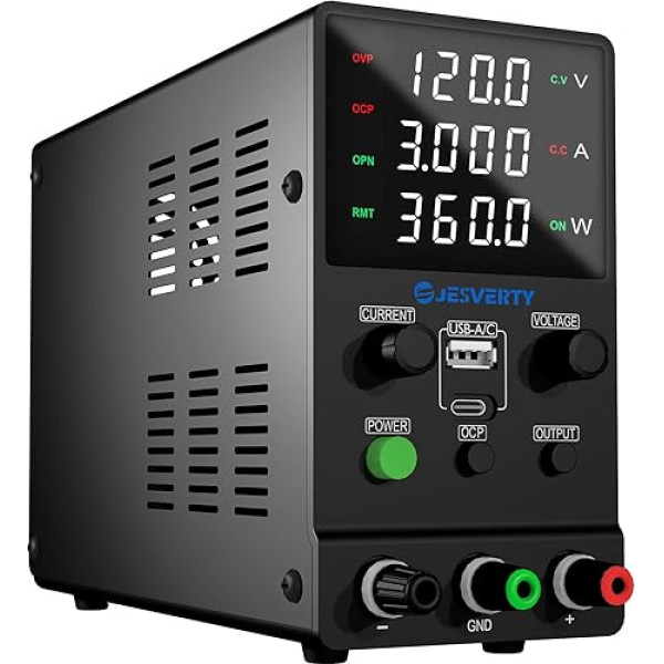 Laboratory Power Supply, Jesverty Laboratory Power Supply DC Adjustable Power Supply (120V, 3A) with USB and Type-C Fast Charge, Encoder Button, Output On/Off Switch, 4-Digit LED Display - SPS-12003M