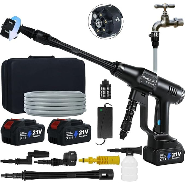 Battery Pressure Washer 100Bar Pressure Washer, 3-Speed Mode Pressure Washer Mobile with 2 x 4.0Ah Batteries, 6-in-1 and 180° Rotating Nozzle, Foam Sprayer, 5 m Hose, Cleaning Watering