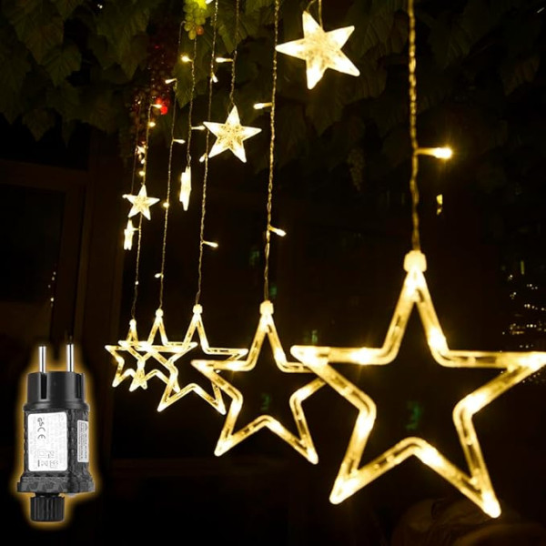 SALCAR Fairy Lights with 12 LED Stars, 2 m 138 Lights Window LED Light Curtain with 8 Modes Indoor and Outdoor Fairy Lights Waterproof Decoration for Christmas, Warm White
