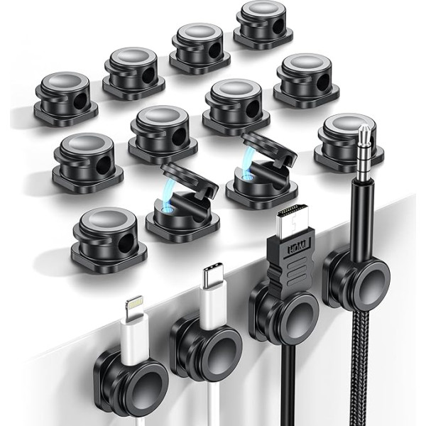 UQQU Cable Organiser, Pack of 16 Cable Holder, Cable Clips, Adjustable Magnetic Cable Management, Self-Adhesive Cable Holder for Bedside, Kitchen Appliances, Office Supplies, Phone Cable, Wall, Car - Black