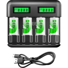 EBL Battery Charger with 4 x C 5000 mAh for AA AAA C D NI-MH Batteries Type C Input Quick Charger LCD Display Battery Charger