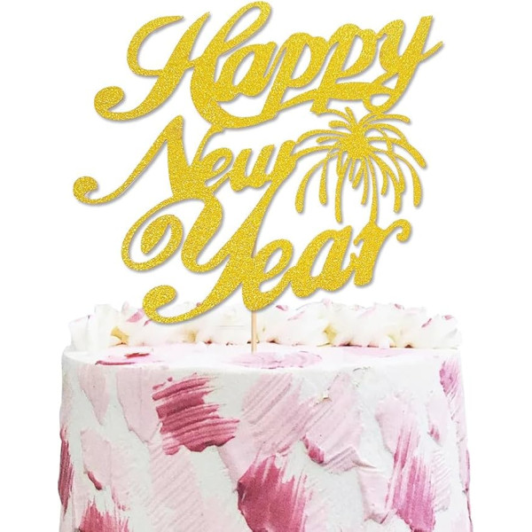 Happy New Year Cake Toppers Snowflake Gold Glitter 2024 New Year's Eve Hello 2024 Cheers to 2024 Happy New Year Decorations for New Year Winter Festive Holidays Christmas Party Decorations
