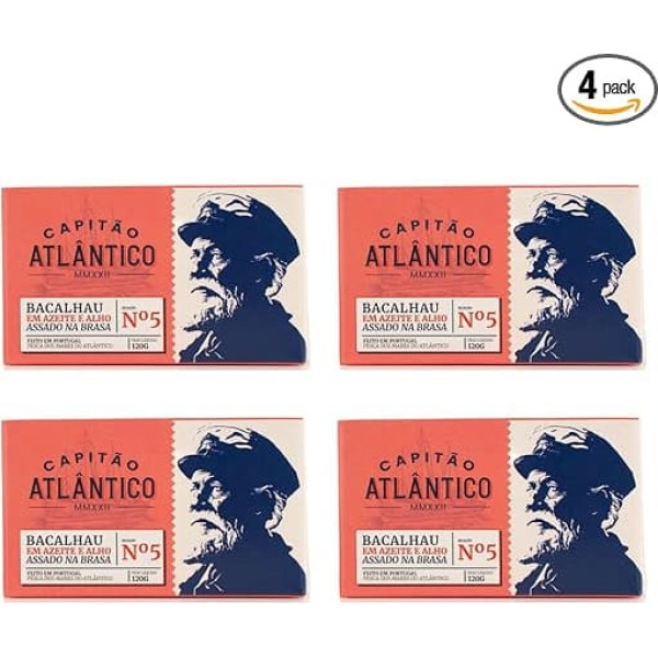 Cod in Olive Oil and Grilled Garlic - 4 x 120g - Traditional Portuguese Canned Fish - Grilled Salted Cod Fillets - Preserved Seafood Ready to Eat