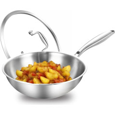 Stainless Steel Frying Pan 24 cm Induction Wok Pan, The Whole Pot Made of Three-Layer Steel, with Lid, Suitable for Induction Cookers and Gas, 20% Energy Saving, Oven Safe up to 400 °C