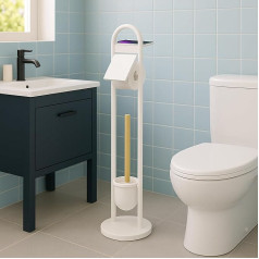 Relaxdays Toilet Roll Holder with Shelf and Brush Holder, H x W x D: 79 x 21.5 x 21.5 cm, Iron, Bamboo, White/Natural