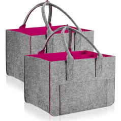 Pack of 2 Large Capacity Felt Shopping Baskets, Foldable Shopping Bag with Multiple Compartments and Handles for Outdoor Travel, Picnics, Outdoor Shopping (Dark Pink)