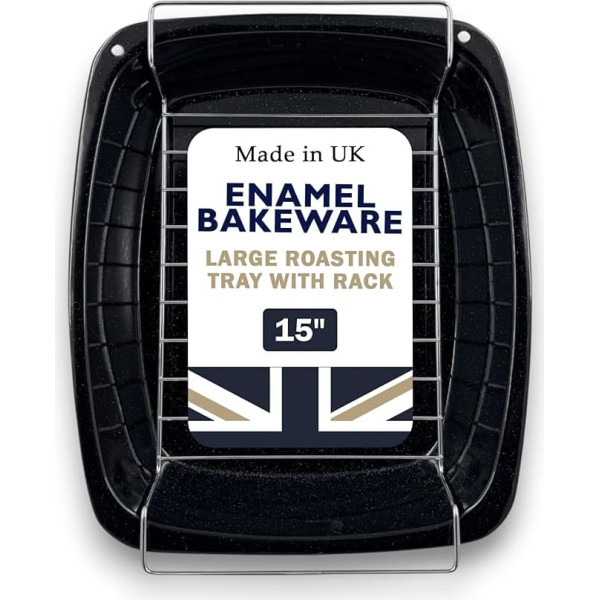 37cm Glass Enamel Roasting Dish and Rack. Made in the UK