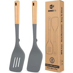 Pack of 2 Large Silicone Spatulas, Heat Resistant Solid Turner, Non-Stick Slotted Spatula with Wooden Handle, Ideal Kitchen Utensils for Flipping, Pancakes, Eggs, Fish (Grey)