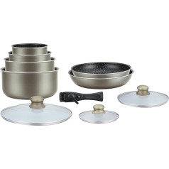 Herzberg Cookware Set - Induction Pot Set - All Heat Pot and Pan Set - Stone Coating Cookware Set with Removable Handle 10 Pieces HG-5000 Carbon