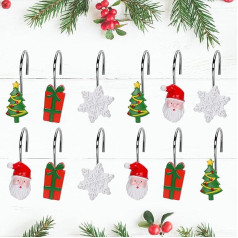 AnyDesign 12 Pieces Christmas Shower Curtain Hooks 4 Designs Decorative Curtain Hooks Santa Claus Gift Box Christmas Tree Snowflake Curtain Rings for Christmas Ornament Decoration