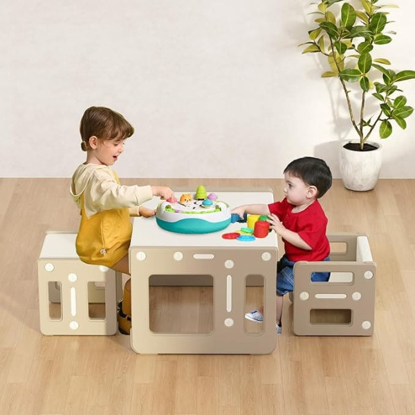 Hoopyosms Children's Montessori Table and 2 Chairs Set, Children's Plastic Activity Table with Stools, Table and Chairs for Preschool Children, Toddler Educational Furniture for Playroom, Khaki
