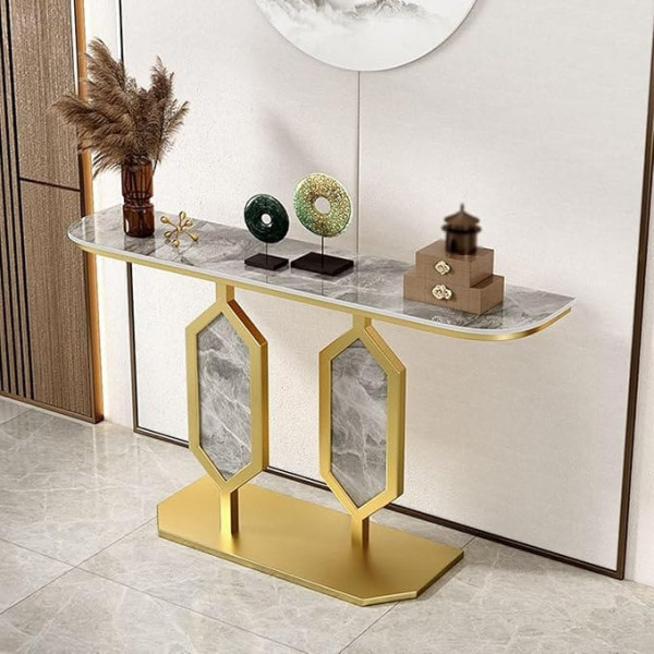 Zigtuei Narrow Console Table, Entrance Area Decorative Table, with Metal Frame, Modern Tables, Simple Living Room Sofa Table, Easy Assembly, for Living Room, Hallyway, Entrance (Gold B, 150 cm / 59