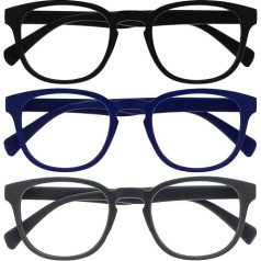OPULIZE Pop Reading Glasses Pack of 3 Keck Round Matt Frame Spring Hinges Scratch-Resistant Black Blue Grey Men Women RRR2-137 +2.00