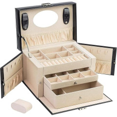 AdelDream Jewellery Box with 2 Drawers Lockable Jewellery Organiser with Mirror PU Leather Jewellery Storage for Rings Bracelets Earrings Velvet Lining Black