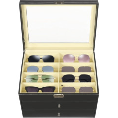 Tyvotrend Glasses Box for 24 Glasses, Three-Level Glasses Case with Lock and Key, Glasses Box Glasses Storage for Sunglasses, Black, 34 x 25 x 19 cm, black