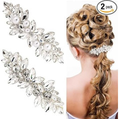 Pack of 2 Rhinestone Hair Clips Silver Pearl Hair Clips Hair Clip with Crystal Flower Clip Glitter Wedding Hair Clips for Women and Girls Pearl Clip Head Clips
