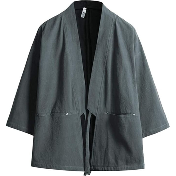 Haseil Yukata Men's Kimono Cardigan Japanese Jackets Casual Cotton 3/4 Sleeve Shirt Open Front Coat Lightweight Linen