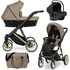 Kunert® IVENTO 3-in-1 Pram Combination Pushchair Complete Set Including Baby Carrycot & Buggy Sports Seat & Car Seat with Changing Bag / Rain Cover + Footmuff I IVE 10 Caramel Macchiato / Gold Frame