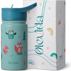 Olevida | Kids Stainless Steel Water Bottle with Lid and Straw | Keeps Warm and Cold, BPA Free, 400ml (Forest Concert Blue)