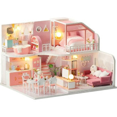 DIY Miniature Dollhouse Kit, Manual Creative Furniture Girls Pink Loft Artwork House for Children 14+