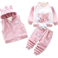 Baby Boys Girls Outfits Toddler 3 Flannel Set Cat Print Pullover Sweatshirt Hooded Zipper Vest Thick Pants Outfits Cute Kids Fall Clothes Set A-216
