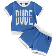 Kleinkind Baby Jungen Sommer Kontrastfarbe Shorts Set Rundhals Kurzarm Schriftzug Shirt Top Shorts Set 2 Stück Kinderkleidung, blau, 18-24 Months