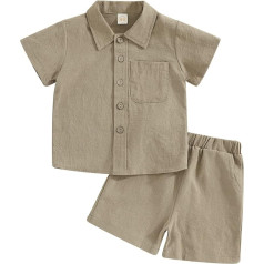 YILEEGOO Kleinkind Baby Jungen Baumwoll-Leinen-Outfit Sommerkleidung Kurzarm Knopfleiste Kleid Hemd Tops Tasche Shorts Set 2-teilig, khaki, 18-24 Months