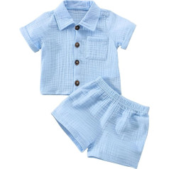 YILEEGOO Kleinkind Baby Jungen Baumwoll-Leinen-Outfit Sommerkleidung Kurzarm Knopfleiste Kleid Hemd Tops Tasche Shorts Set 2-teilig, Blau 01, 4-5 Years