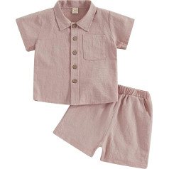 YILEEGOO Kleinkind Baby Jungen Baumwoll-Leinen-Outfit Sommerkleidung Kurzarm Knopfleiste Kleid Hemd Tops Tasche Shorts Set 2-teilig, dunkelrosa, 18-24 Months