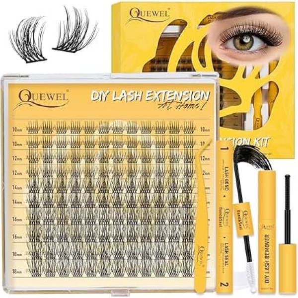 QUEWEL Lash Extension Set, Super Thin Band, 120 Pieces Eyelash Extensions, Natural Look, Reusable Cluster Lashes with Eyelash Glue, Tweezers and Remover, Easy to Use (Natural-JX 01)