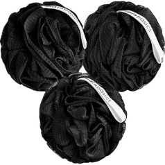 MainBasics Bath Shower Loofah Sponge Pouf Body Wash Scrubber (Set of 3) (Triple Black)