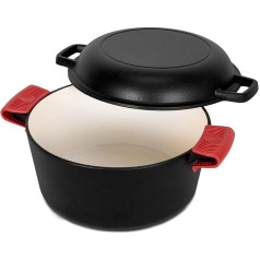 Kitchen Academy 4.7L 2-in-1 Enamelled Cast Iron Dutch Oven with Pan Lid, Cooking Pan, Bread Baking, Cooking, Roasting, Braising & Grilling - Indoor and Outdoor Use