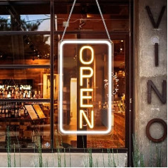 LightingWill Open Neon Sign, Open Sign LED with 12 V On/Off Adapter, Open Light Advertisements for Business Light Up Sign for Bar, Salon, Store, Cafe, Shop, Club, Yellow/White, Vertical