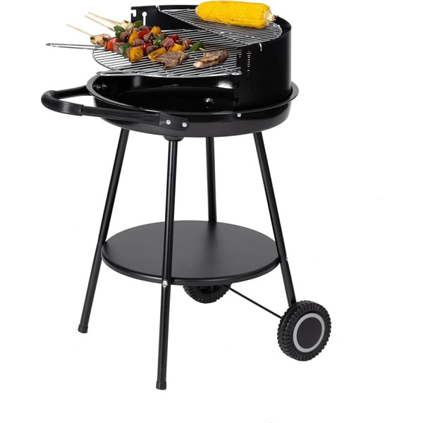 Tarrington House Deluxe Charcoal Grill, Portable Charcoal Grill, Round, Double Grill, Height Adjustable Cooking Grate Diameter 48 cm, with Wheels, Black